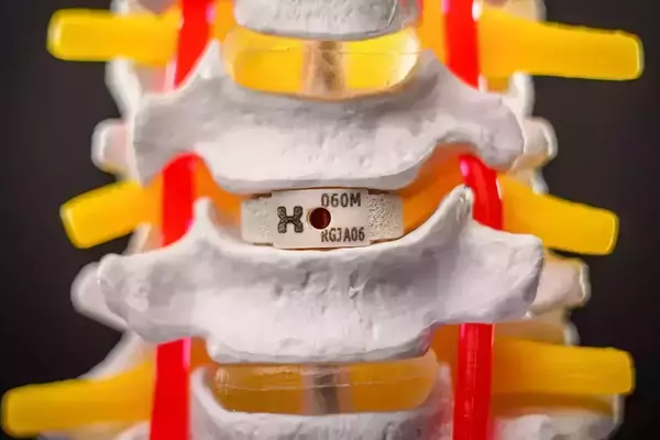 Anatomical model of vertebrae with an artificial spinal disc implant.